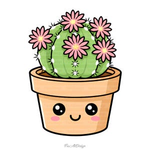 Pu&ograve; includere: Illustrazione di un cartone animato di un cactus in vaso con una faccia sorridente. Il cactus &egrave; verde chiaro con fiori rosa e spine bianche. Il vaso &egrave; marrone chiaro con una faccia carina su sfondo bianco.