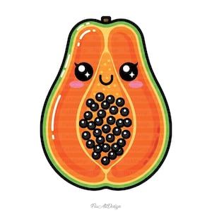 May include: A cartoon illustration of a papaya cut in half, featuring a smiling face with large black eyes and rosy cheeks. The papaya has a green rind, orange flesh, and black seeds, with a white background.