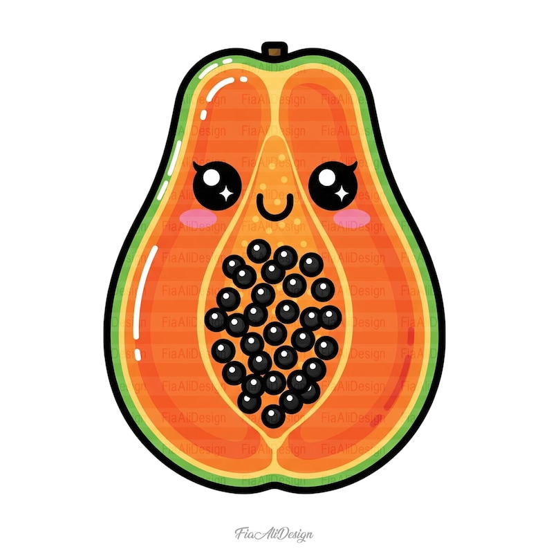 May include: A cartoon illustration of a papaya cut in half, featuring a smiling face with large black eyes and rosy cheeks. The papaya has a green rind, orange flesh, and black seeds, with a white background.