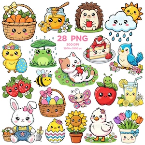 Puede incluir: Una colección de 28 imágenes PNG con ilustraciones de dibujos animados. Las imágenes incluyen una cesta de zanahorias, un tarro de miel, un erizo con una manzana, un pollito, una rana, un gato con una fresa, una abeja, un conejito, una cesta de huevos, una mariposa, una porción de pastel, un pájaro, una manzana con una oruga, limonada, un girasol, un pato y tulipanes.