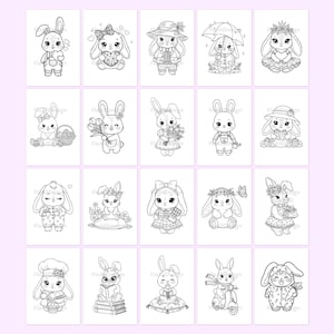 May include: A collection of twenty black and white illustrations of adorable bunnies in various outfits and poses. Each bunny is depicted with large eyes and detailed clothing, including dresses, hats, and overalls. The illustrations are suitable for coloring or crafting projects.