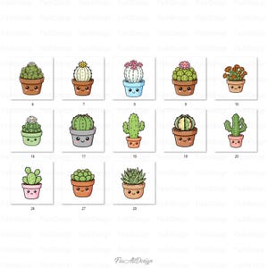 Pu&ograve; includere: Una collezione di illustrazioni di cactus e piante grasse in vaso. Ogni pianta ha una faccia sorridente ed &egrave; in uno stile diverso, con vari colori e forme. L'immagine include il testo "Fia Ali Design".