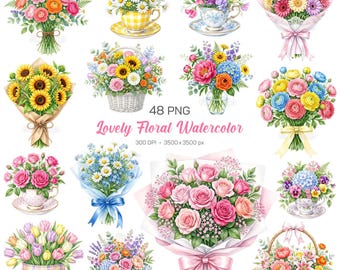 Lovely Floral Watercolor Clipart, Colorful Flower Bouquet PNG, Floral Arrangement PNG, Vintage Watercolor Flower, Pastel Floral Bouquet