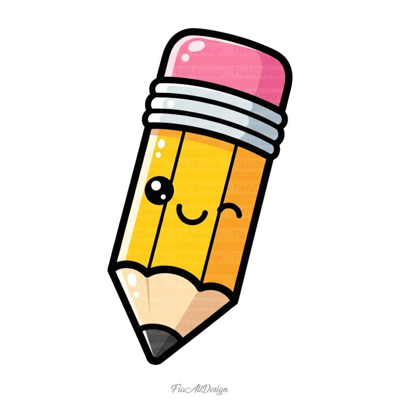 May include: A cartoon illustration of a yellow pencil with a pink eraser and a smiling face. The pencil has a black outline and a winking eye. The pencil is slightly angled to the right.