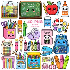 Peut inclure: Un ensemble de 40 illustrations de fournitures scolaires de style kawaii comprenant un tableau noir avec le texte Back to School, un sac à dos spatial, une calculatrice, des crayons, des marqueurs, de la colle, des ciseaux et des cahiers.