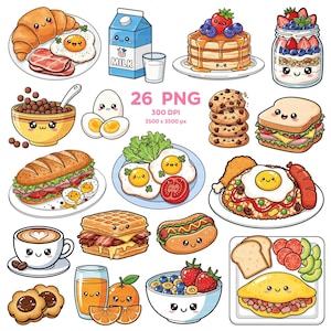 Könnte beinhalten: Eine Sammlung von 26 PNG-Bildern mit verschiedenen Frühstücksgerichten und Getränken. Enthält Pfannkuchen, Eier, Sandwiches, Waffeln, Kaffee, Saft und mehr. Jeder Artikel hat ein niedliches, cartoonartiges Design mit lächelnden Gesichtern.