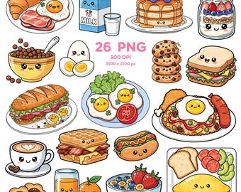Lovely Breakfast Time Clipart, Kawaii Food Clipart, Cute Kawaii Breakfast, Food Clipart PNG, PNG Digital Download, Transparent clipart