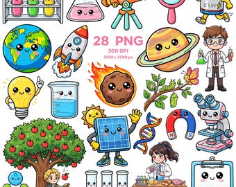 Happy Science World Clipart Set, Cute Science Clipart, Adorable Science Elements Clipart, Kids Science, Cute Lab PNG, Science Stickers