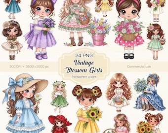 Vintage Blossom Girls Clipart, Young Girl Clipart, Vintage Girls Clipart, Cartoon Girl Clipart, PNG files, Transparent clipart