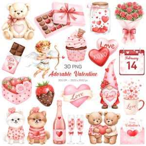 May include: A collection of Valentine's Day themed illustrations. Includes a teddy bear, chocolates, a cupcake, a bouquet of roses, a cupid, a gnome, a calendar, strawberries, champagne, and two Pomeranian dogs. The color palette is primarily pink and red.