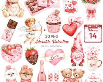 Adorable Valentine Clipart Set, Sweet Valentine’s Day Clipart, Cute Love Illustrations, Romantic Love Elements, Valentine’s Day Stickers