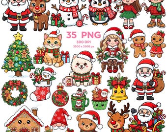 Adorable Christmas Clipart, Cute Christmas Clipart, Merry Christmas PNG, Santa's Kawaii Christmas, Sweet Christmas Characters