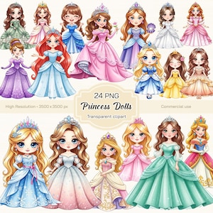 Princess Dolls Clipart, Cute Princesses Clipart, Kawaii Girls, Adorable Princesses Clipart, Dolls PNG, Transparent clipart