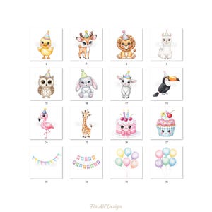 May include: A collection of watercolor illustrations featuring various animals and party-themed elements. Includes a chick, deer, lion, llama, owl, bunny, goat, toucan, flamingo, giraffe, cake, cupcake, and colorful banners and balloons.