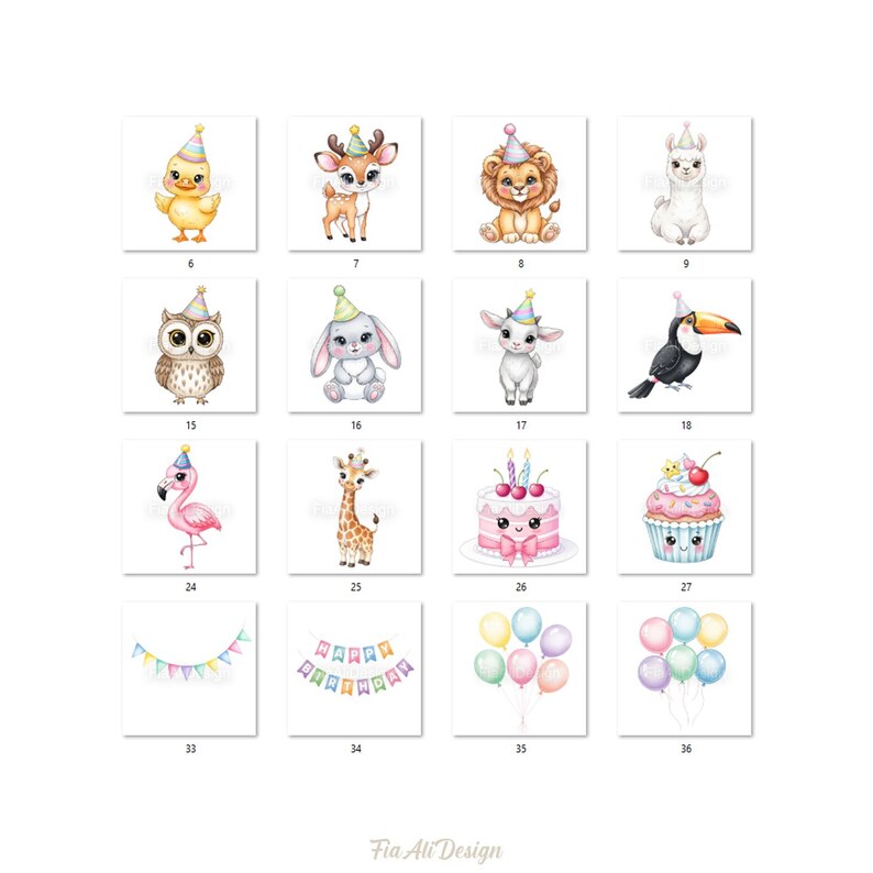 May include: A collection of watercolor illustrations featuring various animals and party-themed elements. Includes a chick, deer, lion, llama, owl, bunny, goat, toucan, flamingo, giraffe, cake, cupcake, and colorful banners and balloons.