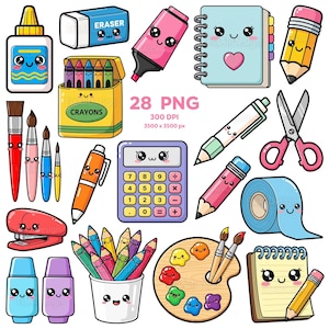 Op de afbeelding: Een verzameling kleurrijke school- en kunstbenodigdheden in cartoonstijl. Inclusief een lijmfles, gum, markeerstift, notitieboek, potlood, schaar, nietmachine, rekenmachine, kleurpotloden, verfpalet en penselen. De afbeelding heeft de tekst "28 PNG".