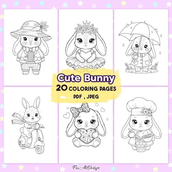 Cute Bunny Coloring Pages, Rabbit Coloring Book, Coloring Book, Animal Coloring Book, Coloring Book for Kids, Printable PDF
