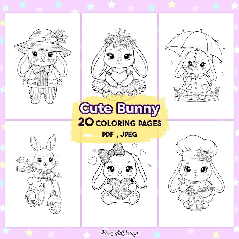 May include: A collection of six black and white illustrations of cute bunnies in various outfits and poses. The text "Cute Bunny 20 Coloring Pages PDF, JPEG" is in the center. The background is light purple with star shapes.