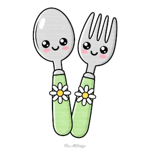 May include: A cartoon illustration of a spoon and fork with smiling faces. The handles are light green with white and yellow daisy accents. The utensils are silver.