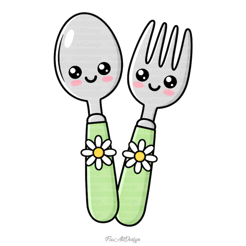 May include: A cartoon illustration of a spoon and fork with smiling faces. The handles are light green with white and yellow daisy accents. The utensils are silver.