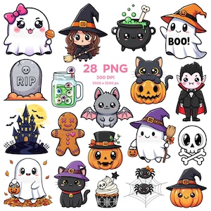 Läskiga söta Halloween-clipart, Halloween-clipart, Halloween PNG, Kawaii Halloween, Glad Halloween, Halloween-klistermärken, Halloween PNG