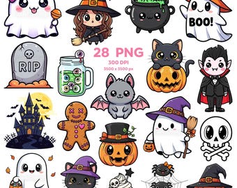 Spooky Cute Halloween Clipart, Halloween Clipart, Halloween PNG, Kawaii Halloween, Happy Halloween, Halloween Stickers, Halloween PNG