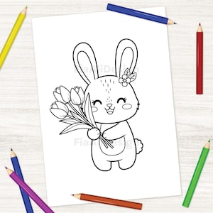 May include: A black and white illustration of a cartoon bunny holding a bouquet of tulips. The bunny has long ears, a flower on its head, and a smiling face. The image is on a white background with colored pencils around the edges.