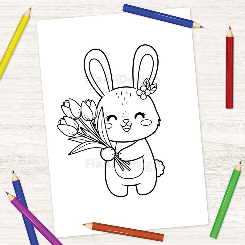 May include: A black and white illustration of a cartoon bunny holding a bouquet of tulips. The bunny has long ears, a flower on its head, and a smiling face. The image is on a white background with colored pencils around the edges.