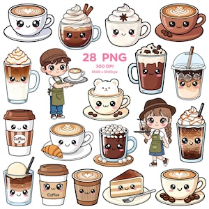 Può includere: Una collezione di simpatiche illustrazioni di caffè a cartoni animati, tra cui lattes, cappuccini e caffè freddo. L'immagine presenta varie tazze e bevande al caffè con facce adorabili, insieme a un barista e una fetta di torta. Il testo "28 PNG" è anche visibile.