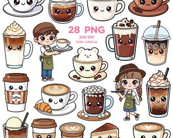 Adorable Coffee Shop Clipart, Cute Coffee Clipart, Kawaii Coffee Time Clipart, Cafe Drinks PNG, Cocoa & Bakery PNG, Coffee Stickers