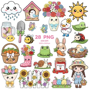May include: A collection of 28 PNG digital graphics featuring cute, cartoon-style illustrations. Includes a smiling cloud, birdhouse, flowers, sun, duckling, ladybug, bunny, frog, and more. The images are colorful and suitable for various craft projects.