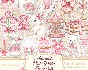 Adorable Pink World Fussy Cut, Digital Download, Junk Journal Printable, Junk Journal Supplies, Junk Journal Kit, Digital Stickers