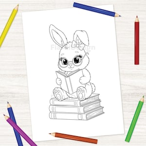 May include: Black and white illustration of a bunny wearing glasses and a bow, reading a book while sitting on a stack of books. Colored pencils in yellow, blue, red, green, and purple surround the image.