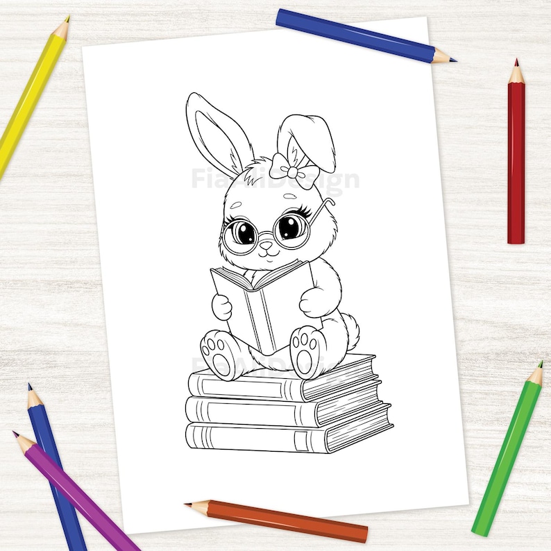 May include: Black and white illustration of a bunny wearing glasses and a bow, reading a book while sitting on a stack of books. Colored pencils in yellow, blue, red, green, and purple surround the image.