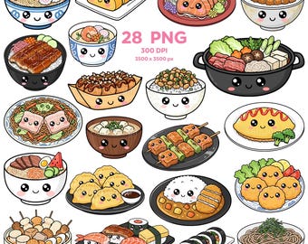 Kawaii Japanese Food Clipart, Cute Japan Food Clipart, Happy Japanese Dishes, Cute Asian Food, Sushi Ramen Sashimi, Japanese Food Stickers