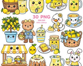 Kawaii Lemon Garden Clipart, Cute Lemonade Clipart, Lemon PNG, Cute Lemon Characters, Adorable Lemon, Summer Fruit and Drink, Yellow Clipart