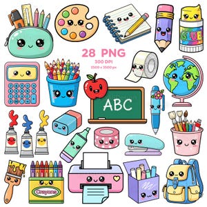 Clipart de fournitures scolaires kawaii, papeterie pastel PNG (téléchargement numérique)