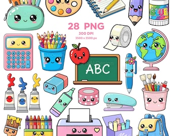 Sweet School Stationery Clipart, Back to School Clipart, Kawaii Stationery Clipart, Classroom Cuties Clipart, Pastel School Supplies PNG