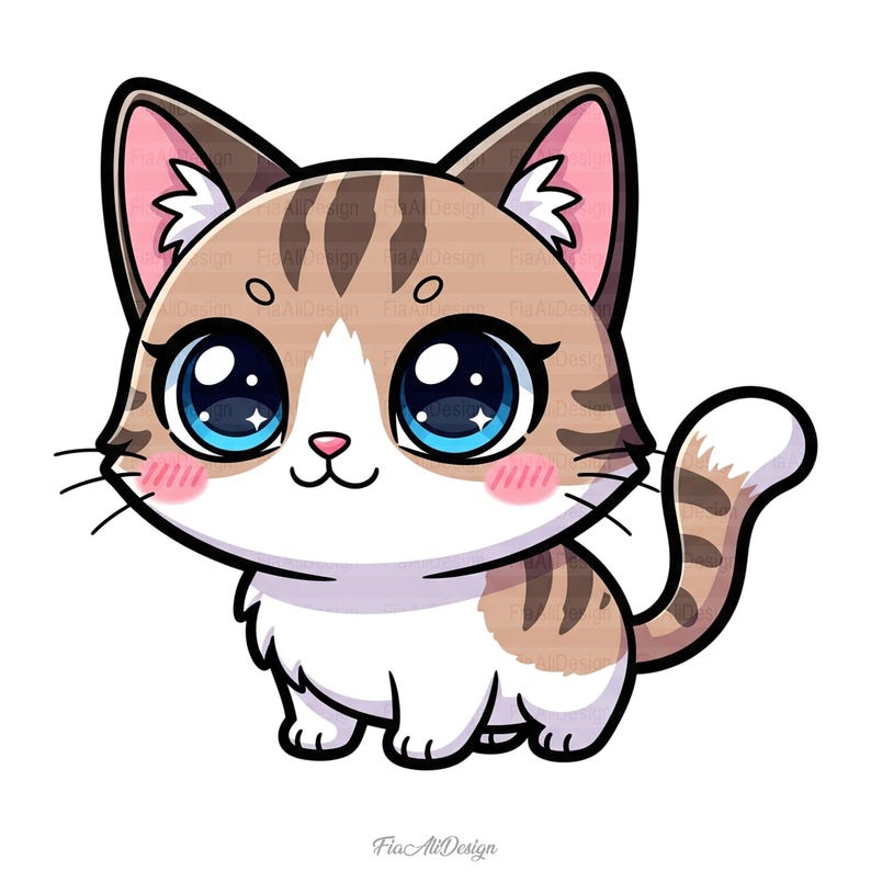May include: A cartoon illustration of a cute cat with large blue eyes, pink cheeks, and a striped brown and white coat. The cat has a white chest and paws, with a curved tail. The image is set against a white background.