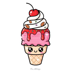 May include: A cartoon illustration of an ice cream cone with a smiling face. The ice cream is pink with red syrup, white whipped cream, a cherry, and sprinkles. The cone is tan with a waffle pattern.