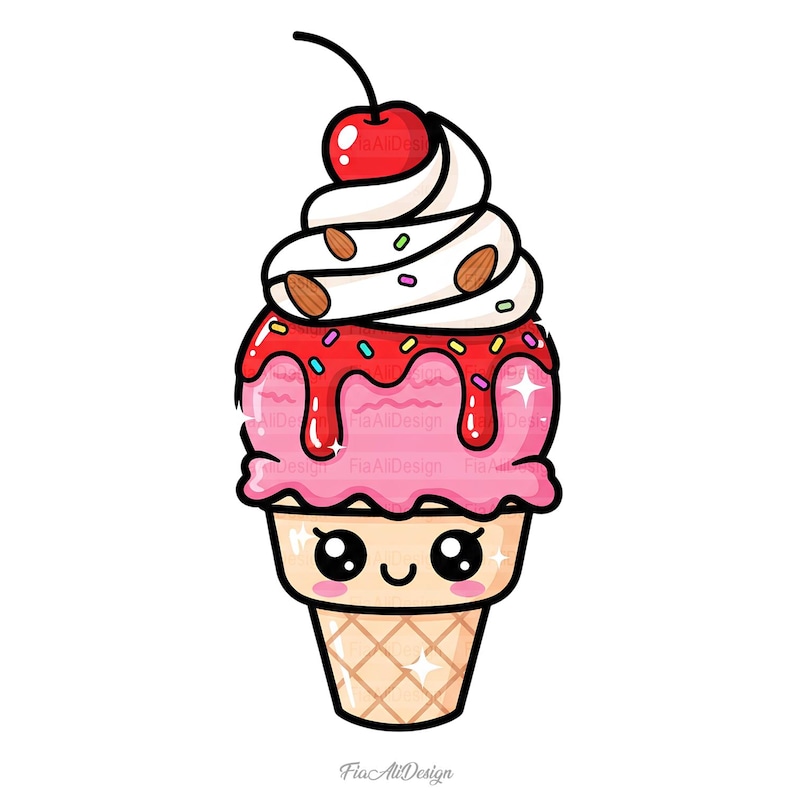 May include: A cartoon illustration of an ice cream cone with a smiling face. The ice cream is pink with red syrup, white whipped cream, a cherry, and sprinkles. The cone is tan with a waffle pattern.