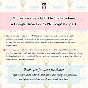 May include: Digital clipart product details on a pink background with floral and bow patterns. Text states the buyer will receive a PDF file with a Google Drive link to PNG clipart. Usage rights and restrictions are also listed.