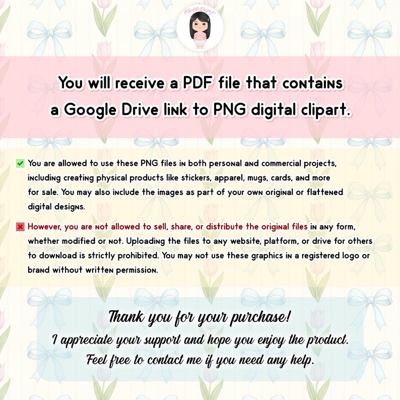 May include: Digital clipart product details on a pink background with floral and bow patterns. Text states the buyer will receive a PDF file with a Google Drive link to PNG clipart. Usage rights and restrictions are also listed.