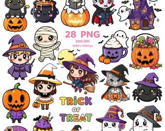 Spooky Kawaii Halloween Clipart, Halloween Clipart, Cute Ghosts Clipart, Adorable Halloween, Cute Halloween PNG, Cute Trick or Treat PNG