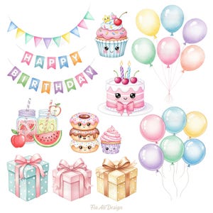 May include: Watercolor illustration of birthday party elements. Includes a cake, cupcakes, donuts, balloons, gift boxes, and banners that read "Happy Birthday". The image has a cute, whimsical style with pastel colors.
