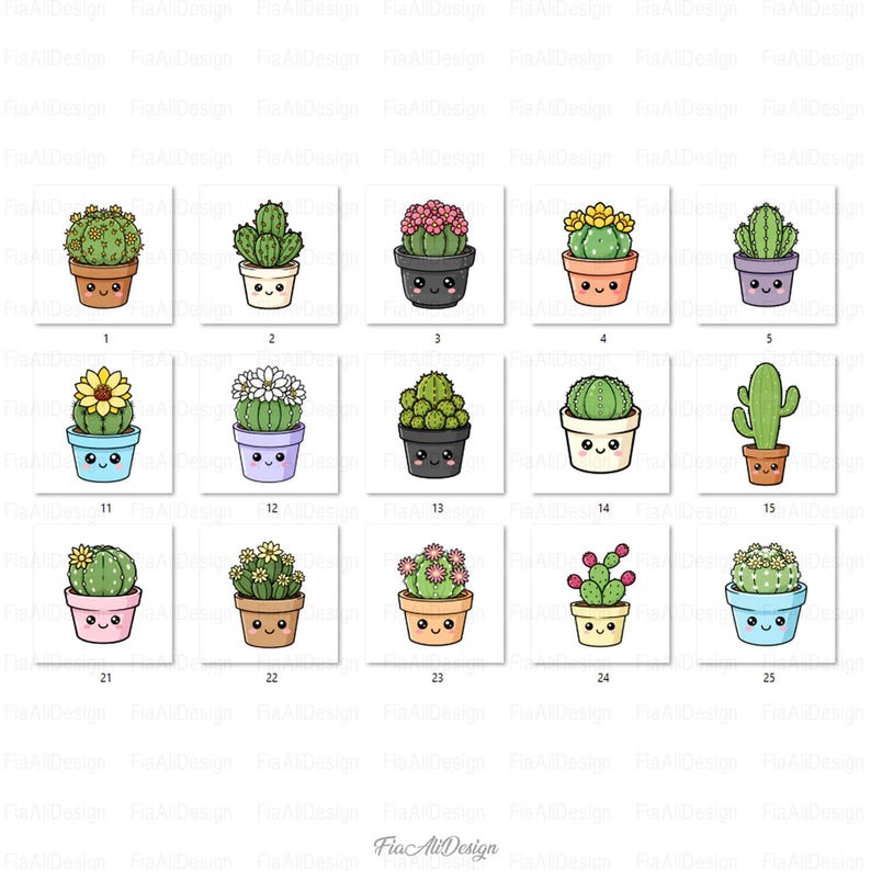 Pu&ograve; includere: Una collezione di 20 illustrazioni di cactus dei cartoni animati in vari vasi. Ogni cactus ha un design unico, con forme, colori e accenti floreali diversi. I vasi sono di vari colori e ogni cactus ha una faccia sorridente.