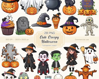 Cute Creepy Halloween Clipart, Haunted Cute Halloween Clipart, Halloween Party Clipart, Happy Halloween PNG, Halloween Stickers