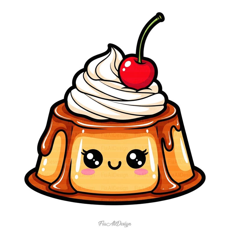 May include: A cartoon illustration of a dessert with a smiling face. The dessert is a caramel flan topped with whipped cream and a red cherry. The flan has a brown, glossy appearance and is on a black plate.