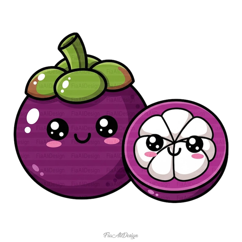 May include: A cartoon illustration of a mangosteen fruit, whole and sliced. The whole fruit is purple with green leaves and a brown stem. The sliced fruit reveals white segments. Both have cute, smiling faces.