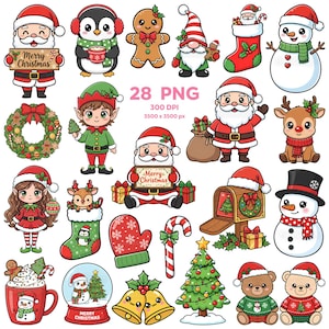 Merry Christmas Clipart, Merry Kawaii Christmas Clipart, Cute Christmas PNG, Holiday PNG, Santa, Reindeer, Snowman, Christmas stickers